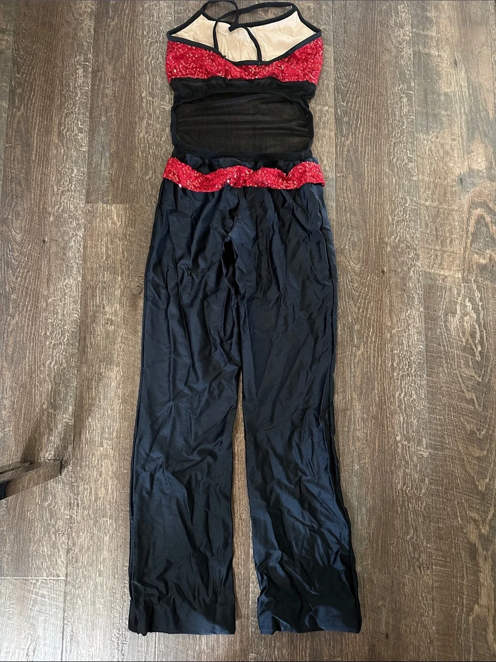 Competition Dance Costume Red & Black Sequin Cutout Jumpsuit w/ Belt (YL)